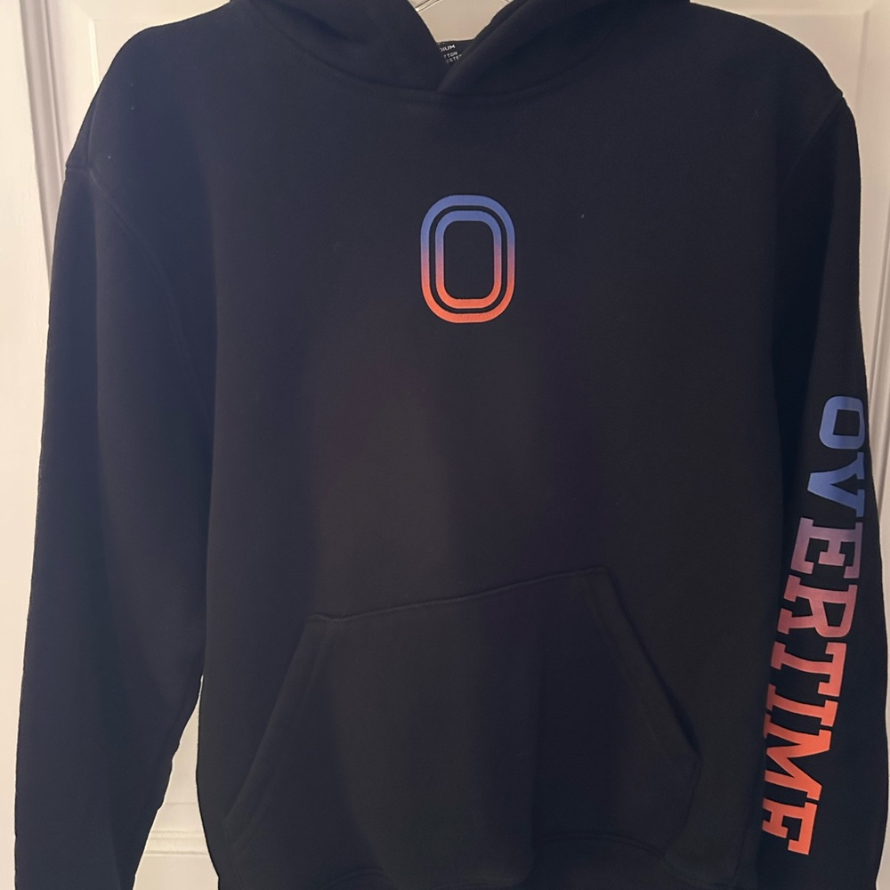 Kids Black Hoodie with Blue-to-Orange Gradient 'O' and Sleeve Text